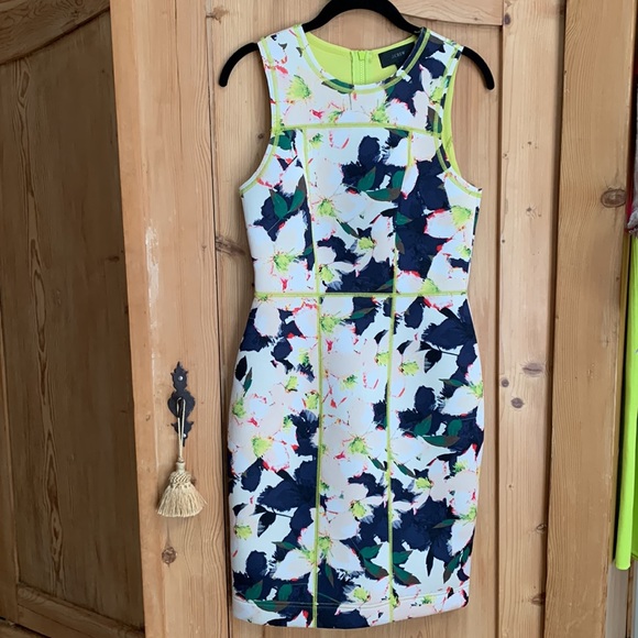 J Crew Neon Lime Acid 🥝 Green Trim Flower Floral Scuba Dress Blue Pink Ivory 🌴 - Picture 10 of 16